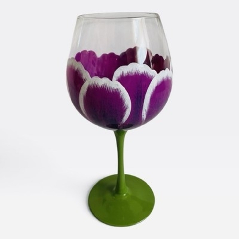 Pier 1 Imports Hand Painted Purple Tulip Wine Glass Green Stem Hand Blown 9" EXC
